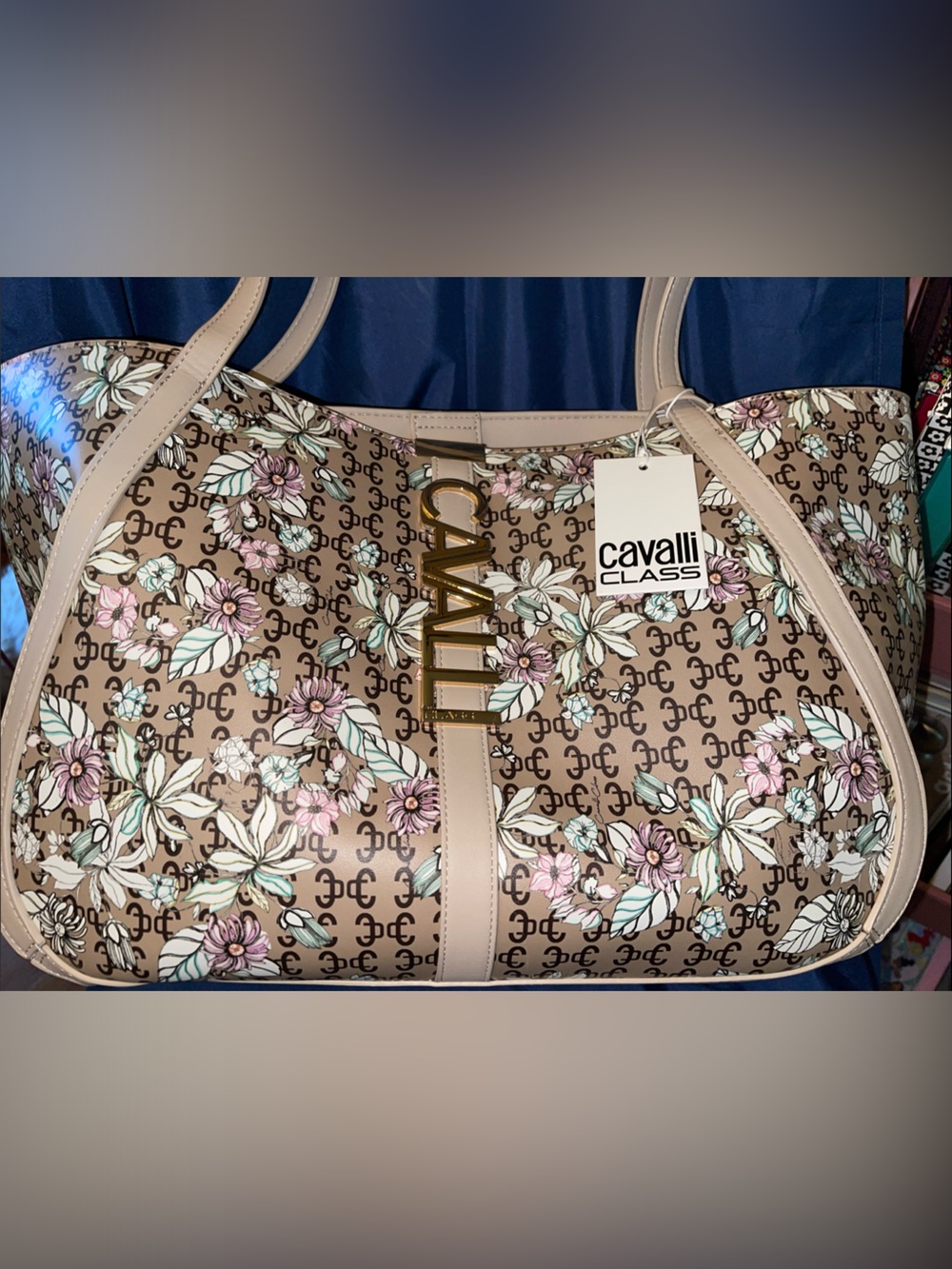 Cavalli Class Beige Floral Logo Tote with Gold Hardware